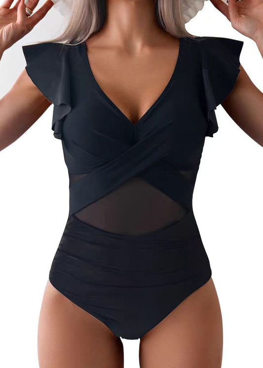 Boho Black V Neck Ruffled Patchwork Tulle Swimwear Bodysuit
