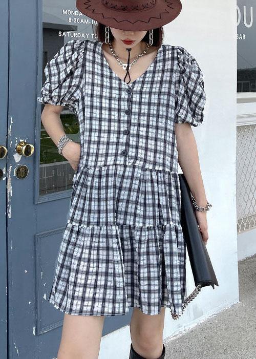 Boho Black White Plaid Patchwork Vacation Dress Summer - SooLinen