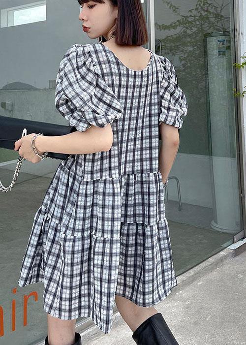 Boho Black White Plaid Patchwork Vacation Dress Summer - SooLinen