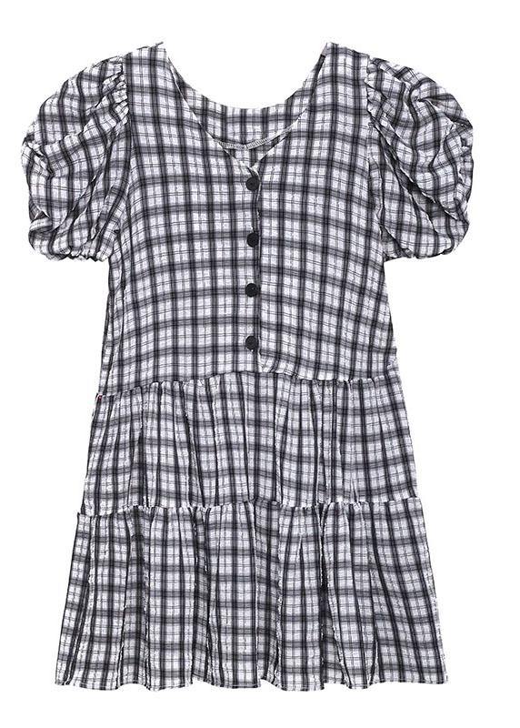 Boho Black White Plaid Patchwork Vacation Dress Summer - SooLinen