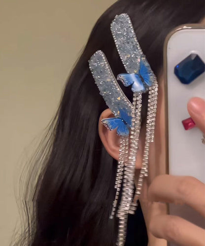 Boho-Haarnadeln mit blauer Zirkon-Legierung und Schmetterlingsquaste (Paar)