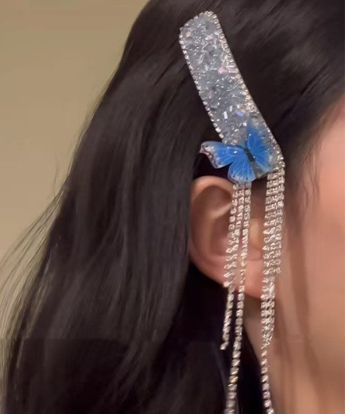 Boho-Haarnadeln mit blauer Zirkon-Legierung und Schmetterlingsquaste (Paar)
