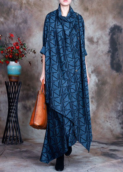 Boho Blau Asymmetrische Print Robe Kleider Frühling