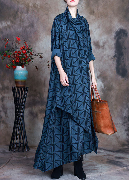 Boho Blau Asymmetrische Print Robe Kleider Frühling