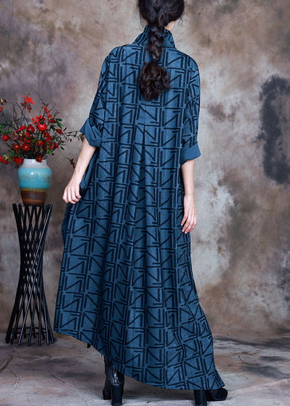 Boho Blau Asymmetrische Print Robe Kleider Frühling