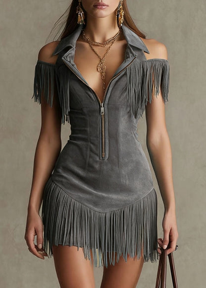 Boho Blue Cold Shoulder Tassel Patchwork Faux Suede Dress Summer