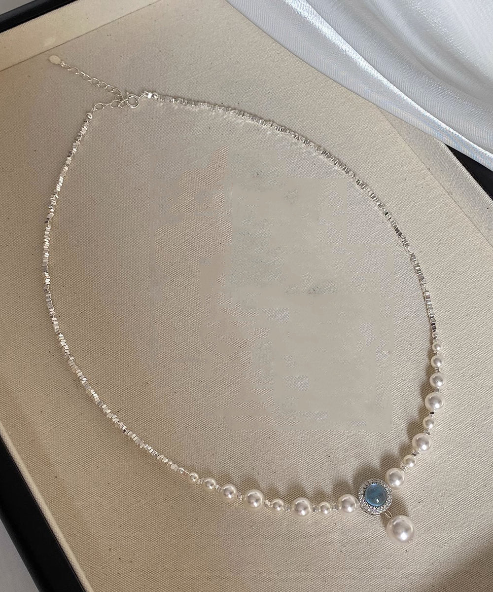 Collar bohemio con colgante de piedra preciosa de plata rota, perla y baño de plata azul cobre