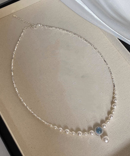 Collar bohemio con colgante de piedra preciosa de plata rota, perla y baño de plata azul cobre