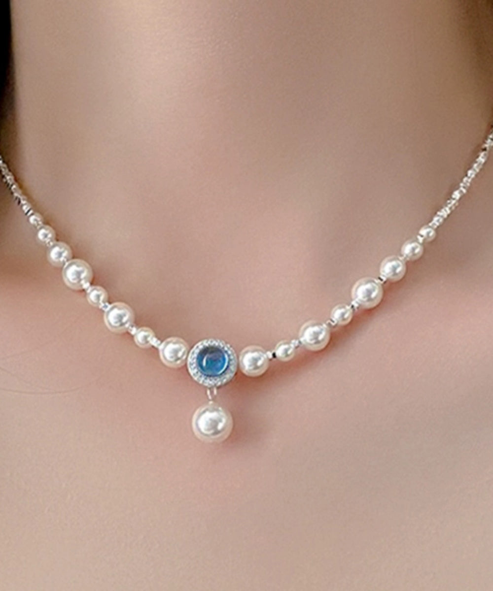 Collar bohemio con colgante de piedra preciosa de plata rota, perla y baño de plata azul cobre