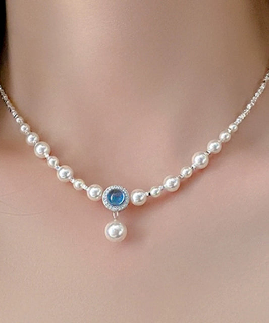 Collar bohemio con colgante de piedra preciosa de plata rota, perla y baño de plata azul cobre