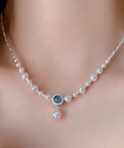 Collar bohemio con colgante de piedra preciosa de plata rota, perla y baño de plata azul cobre