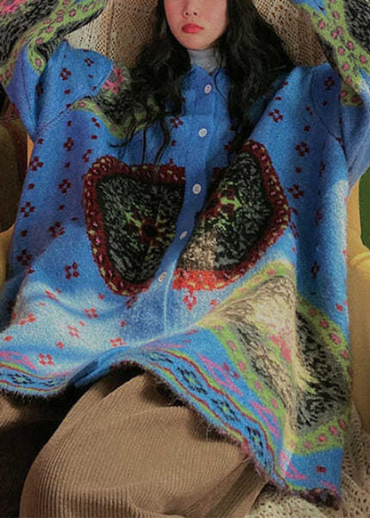 Boho Blau Süßer Retro Knopfdruck Herbst Strickpullover Mantel