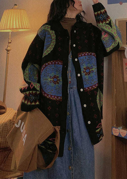 Boho Blau Süßer Retro Knopfdruck Herbst Strickpullover Mantel