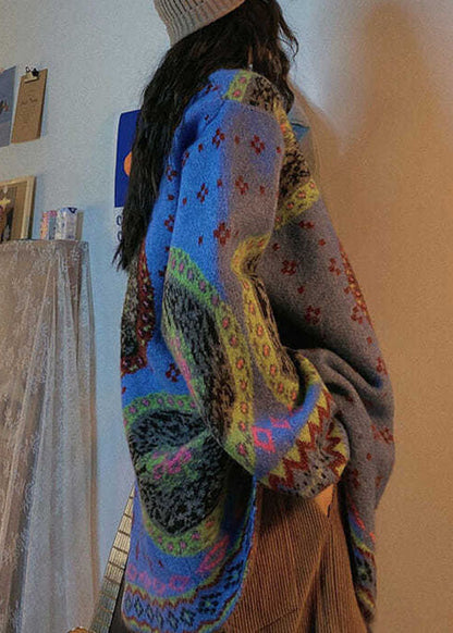 Boho Blau Süßer Retro Knopfdruck Herbst Strickpullover Mantel
