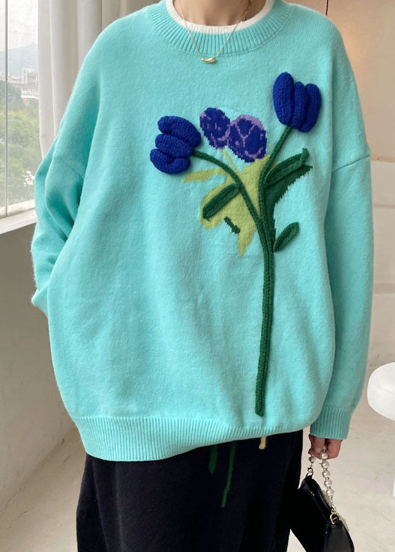 Boho Blau Lose Blumen Strickpullover Winter