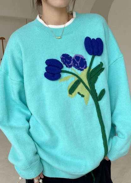 Boho Blau Lose Blumen Strickpullover Winter