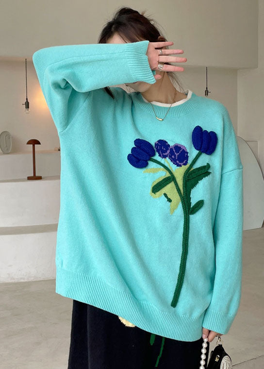 Boho Blau Lose Blumen Strickpullover Winter