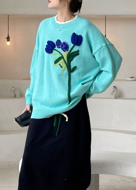 Boho Blau Lose Blumen Strickpullover Winter