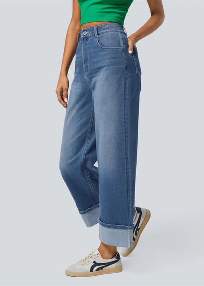 Boho Blue Oversized Edge Curl Denim Straight Pants Summer