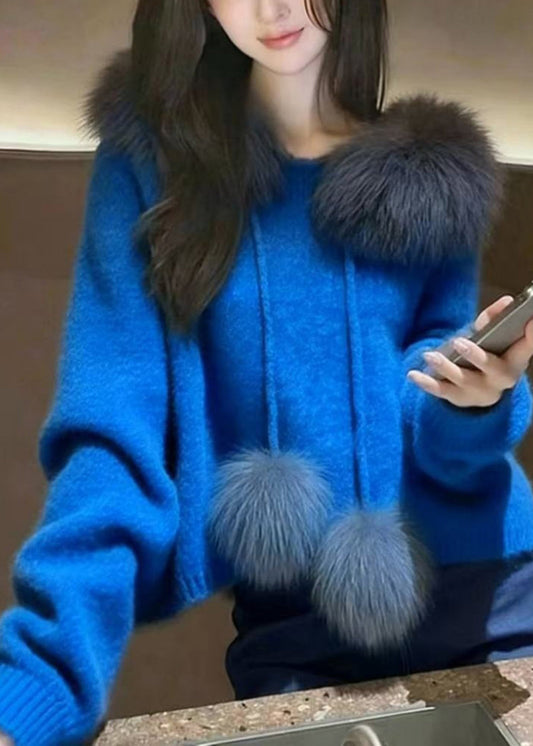 Boho Blue Oversized Patchwork Fuzzy Ball Decorated Knit Pullover Spring