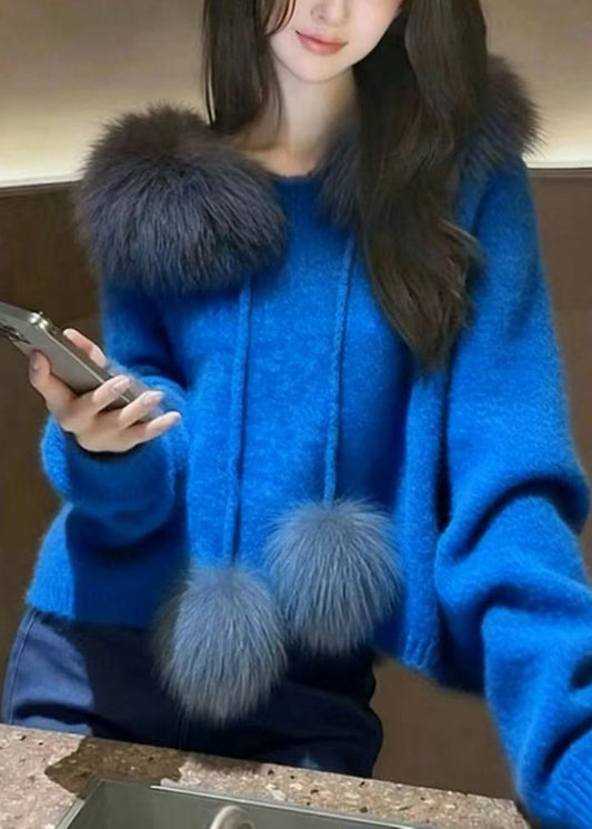 Boho Blue Oversized Patchwork Fuzzy Ball Decorated Knit Pullover Spring