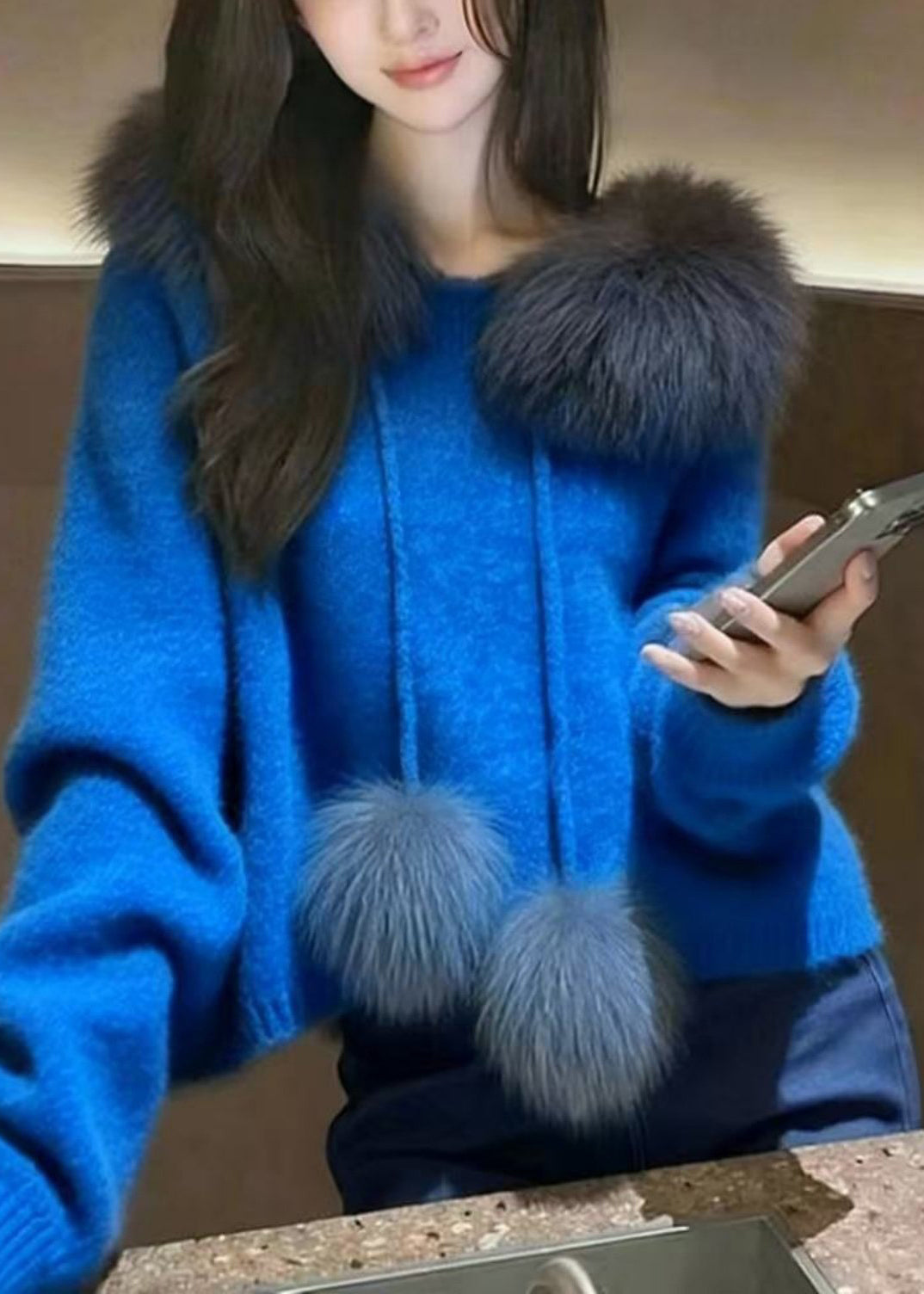 Boho Blue Oversized Patchwork Fuzzy Ball Decorated Knit Pullover Spring