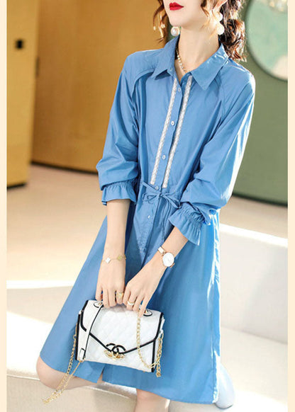 Boho Blau PeterPan Kragen Mode Baumwolle Kleid Frühling