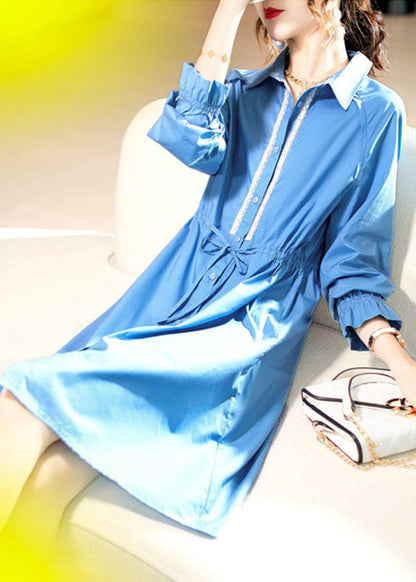 Boho Blau PeterPan Kragen Mode Baumwolle Kleid Frühling