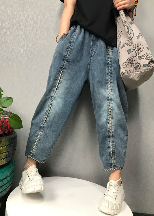 Boho Blau Karierte Patchwork Jeanshose Frühling