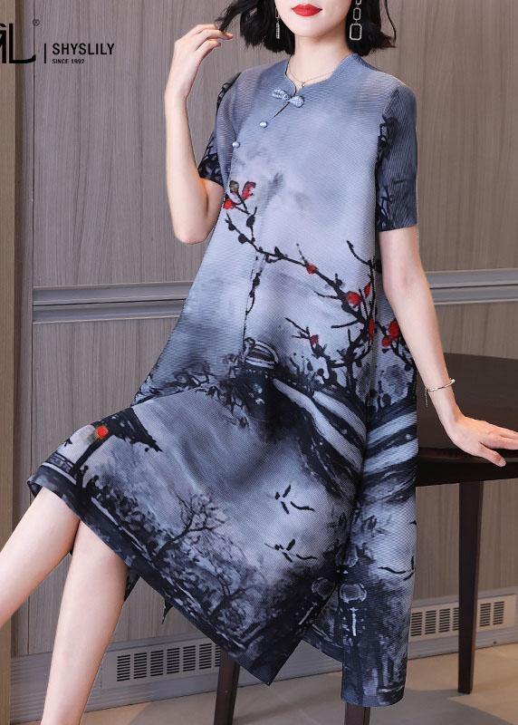 Boho Blue Print Oriental Mid Dress Summer - SooLinen