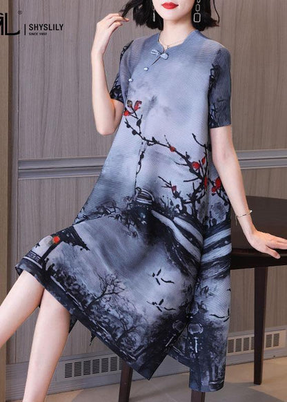 Boho Blue Print Oriental Mid Dress Summer - SooLinen