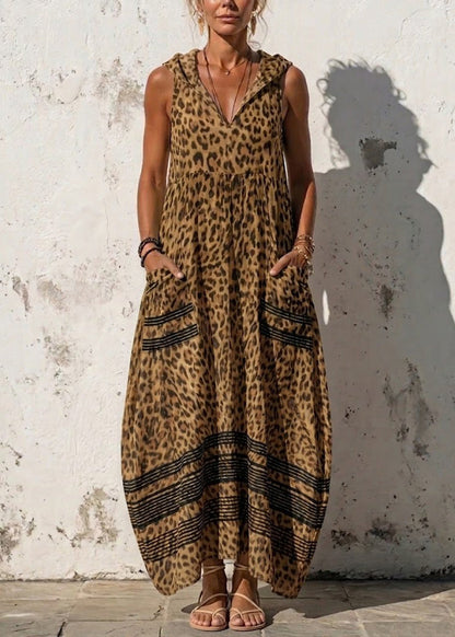 Boho Blue Print Wrinkled Hooded Maxi Dress Sleeveless