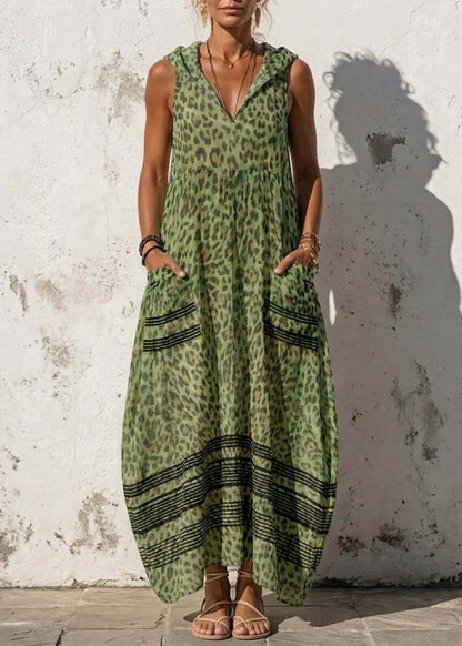 Boho Blue Print Wrinkled Hooded Maxi Dress Sleeveless
