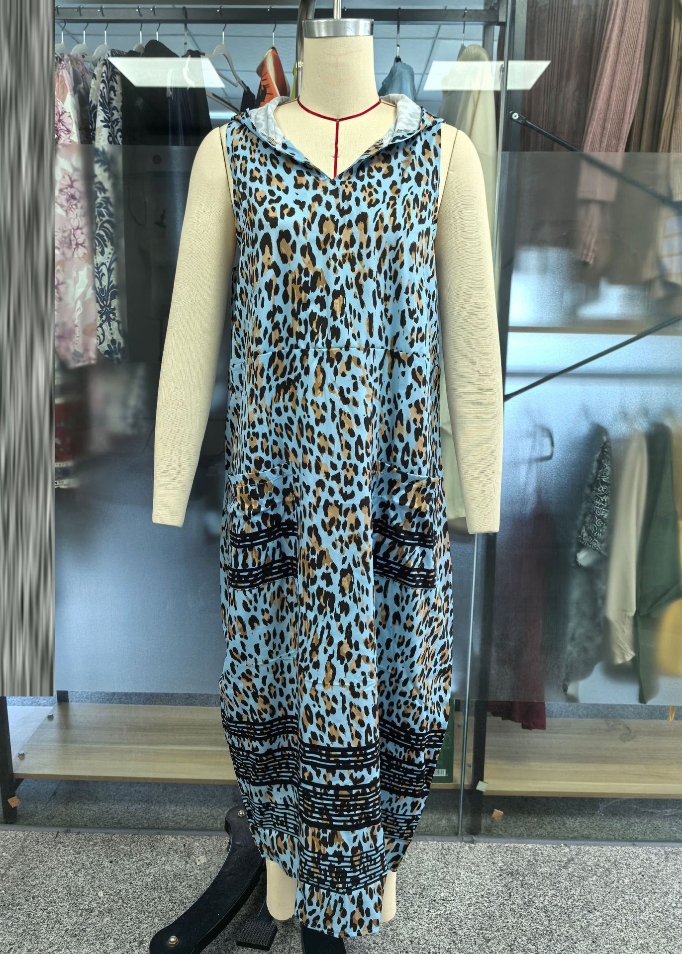 Boho Blue Print Wrinkled Hooded Maxi Dress Sleeveless