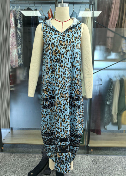 Boho Blue Print Wrinkled Hooded Maxi Dress Sleeveless