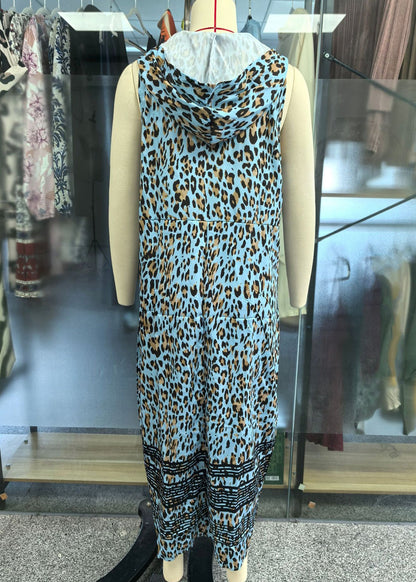 Boho Blue Print Wrinkled Hooded Maxi Dress Sleeveless