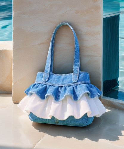 Boho-Handtasche aus blauem Denim mit Rüschen, Patchwork-Spitze und Rüschen