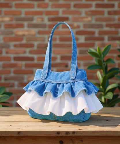 Boho-Handtasche aus blauem Denim mit Rüschen, Patchwork-Spitze und Rüschen
