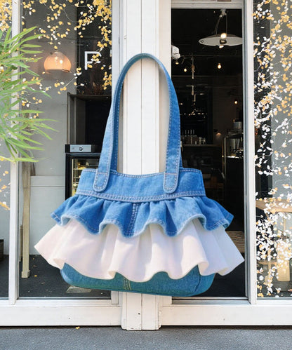 Boho-Handtasche aus blauem Denim mit Rüschen, Patchwork-Spitze und Rüschen