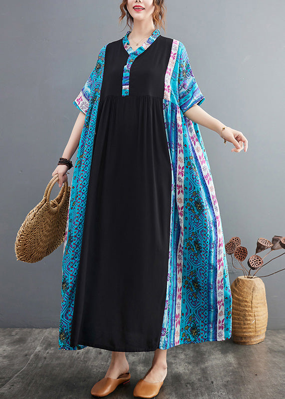 Vestido bohemio de algodón con estampado de patchwork y volantes en azul con dobladillo extragrande para verano