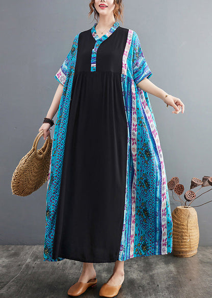 Vestido bohemio de algodón con estampado de patchwork y volantes en azul con dobladillo extragrande para verano