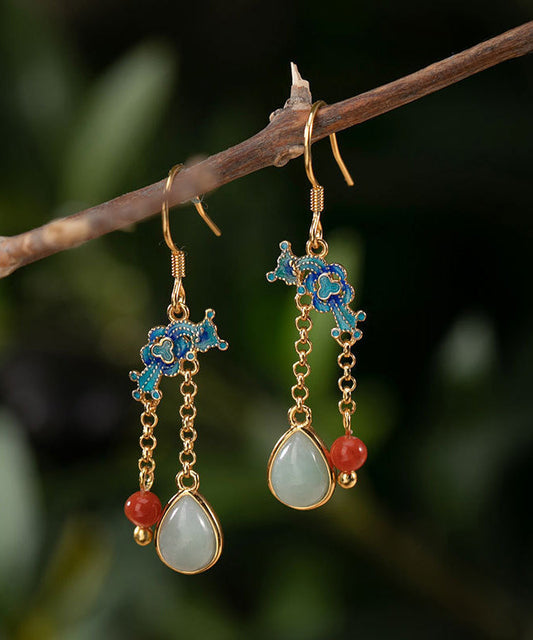 Boho Blau Sterling Silber Vergoldet Cloisonné Jadeit Wassertropfen Jade Tropfen Ohrringe