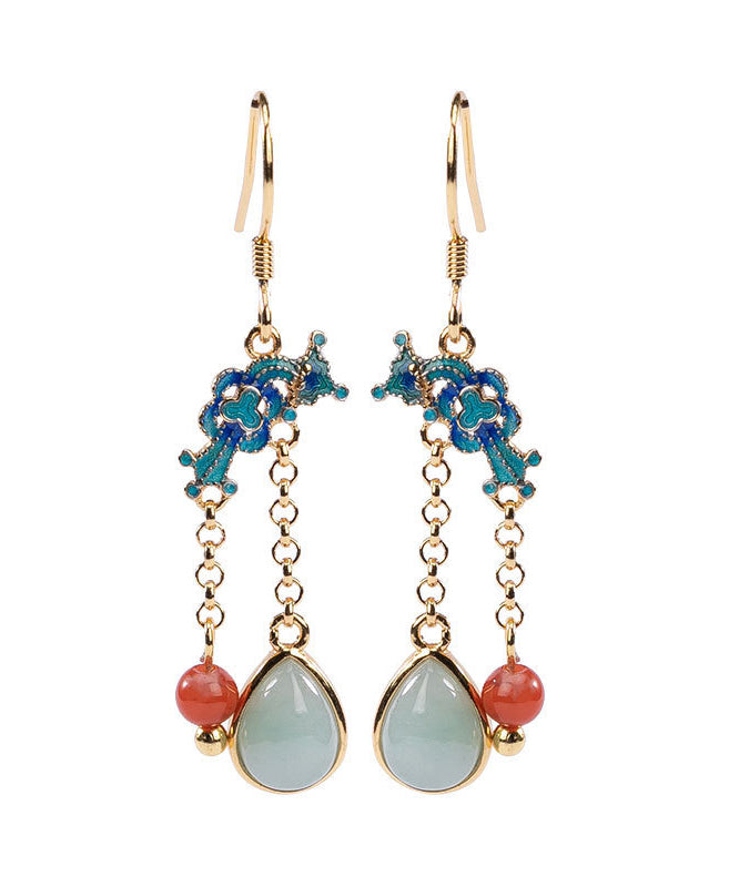 Boho Blau Sterling Silber Vergoldet Cloisonné Jadeit Wassertropfen Jade Tropfen Ohrringe