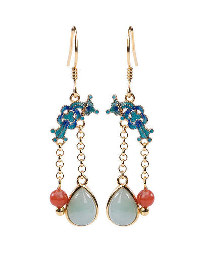 Boho Blau Sterling Silber Vergoldet Cloisonné Jadeit Wassertropfen Jade Tropfen Ohrringe