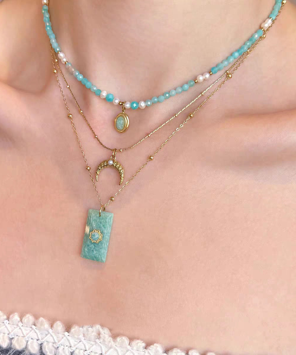 Boho Blue Sterling Silver Overgild Beading Amazonite Pendant Necklace Three-Piece Set