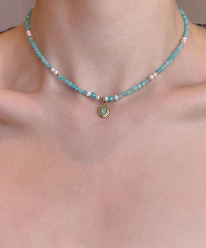 Boho Blue Sterling Silver Overgild Beading Amazonite Pendant Necklace Three-Piece Set