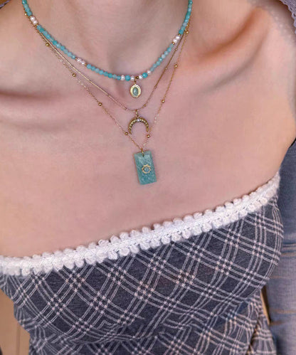 Boho Blue Sterling Silver Overgild Beading Amazonite Pendant Necklace Three-Piece Set