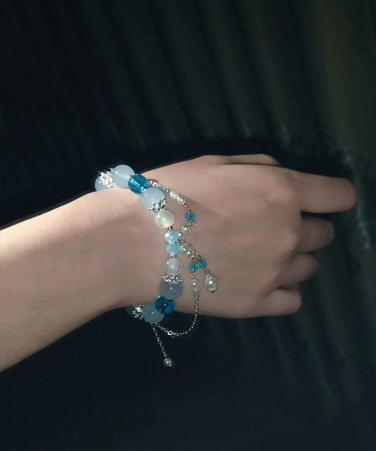 Boho Blau Sterling Silber Perlen Quaste Charm Armband