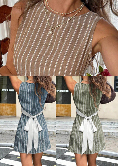 Boho Blue Striped Tie Waist Linen Tea Dress Sleeveless