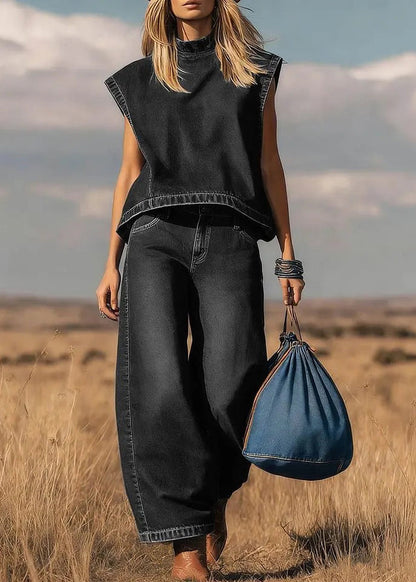 Boho Blue Top And Pants Denim Two Pieces Set Summer